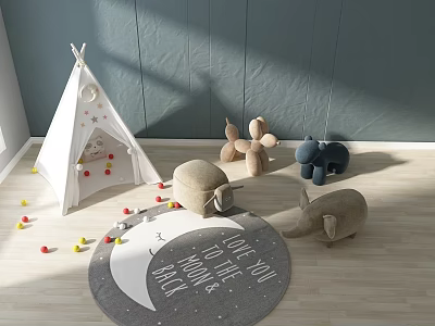 Plush Animal Dolls in Kids Room with White Tent Moon Rug and Colorful Balls 3d model Plush Animal Dolls in Kids Room with White Tent Moon Rug and Colorful Balls 3d model