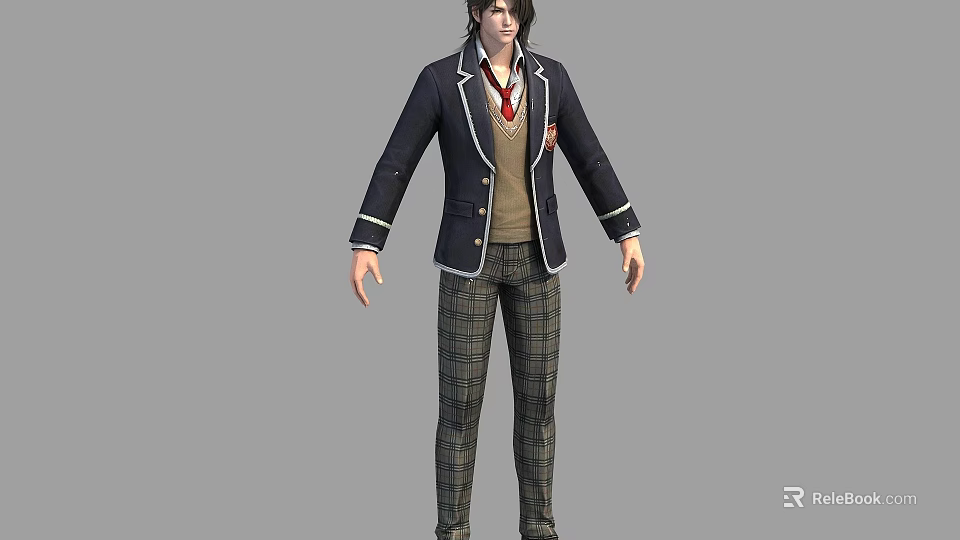 A Man Wearing Navy Blue Blazer Red Tie And Plaid School Uniform Pants 3d model 