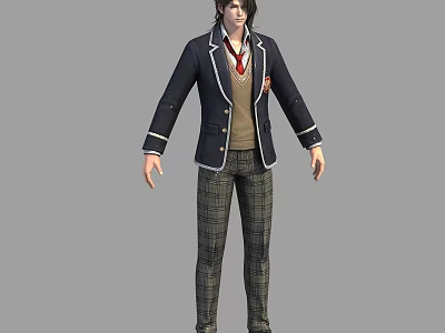 A Man Wearing Navy Blue Blazer Red Tie And Plaid School Uniform Pants 3d model