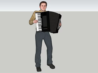 Man Playing Black Accordion With White Keys Wearing Brown Shirt And Gray Pants 3d model