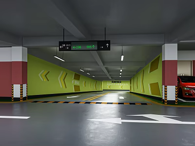 Indoor Parking Garage Featuring Green Walls Yellow Patterns Directional Arrows And Bright Lighting 3d model