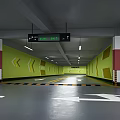 Indoor Parking Garage Featuring Green Walls Yellow Patterns Directional Arrows And Bright Lighting