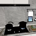 Modern Open Kitchen Interior With Cooktop Pans Coffee Maker And Appliances