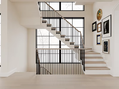 Modern Staircase with Black Metal Railing Wooden Steps Artwork on Walls and Large Windows 3d model