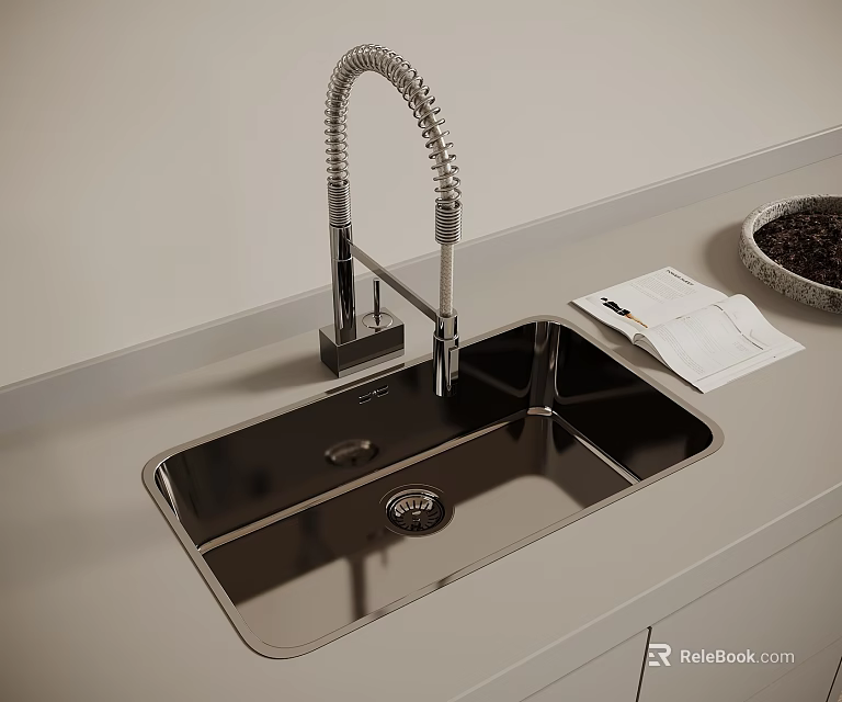 Stainless Steel Kitchen Sink With Pull Down Faucet And Coffee Beans On Countertop 3d model 