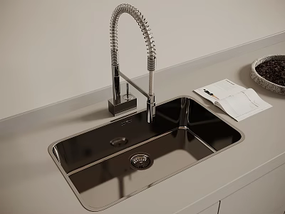Stainless Steel Kitchen Sink With Pull Down Faucet And Coffee Beans On Countertop 3d model
