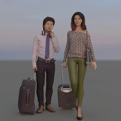 Two People Carrying Suitcases Wearing Headphones Leopard Print Top And Green Leggings 3d model
