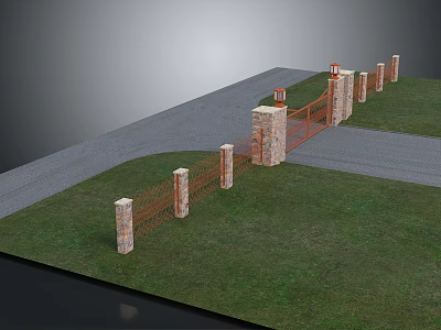 Ornamental Orange Metal Entrance Gate With Stone Pillars Grass And Roadway 3d model