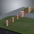Ornamental Orange Metal Entrance Gate With Stone Pillars Grass And Roadway