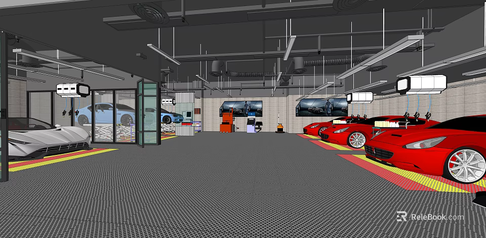 4S Dealership Interior With Parked Red Sports Cars Service Area And Maintenance Equipment 3d model 