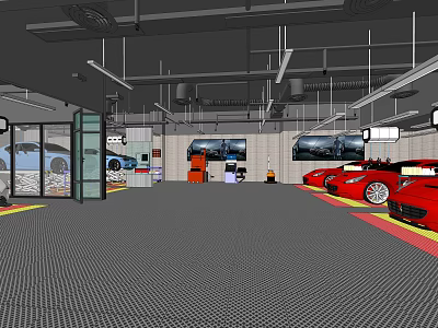 4S Dealership Interior With Parked Red Sports Cars Service Area And Maintenance Equipment 3d model
