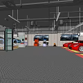 4S Dealership Interior With Parked Red Sports Cars Service Area And Maintenance Equipment