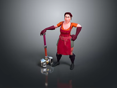 Woman Wearing Red Apron And Gloves Holding Metallic Hammer Standing 3d model