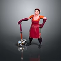 Woman Wearing Red Apron And Gloves Holding Metallic Hammer Standing