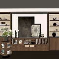 Modern Wooden Display Cabinet With Multiple Shelves Decorative Vases Bowls And Books