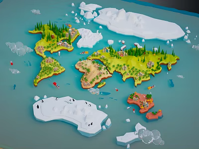 Cartoon World Map Scene With Green Landmasses Icebergs Small Boats And Blue Ocean 3d model