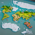 Cartoon World Map Scene With Green Landmasses Icebergs Small Boats And Blue Ocean