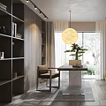 Modern Study Room Interior Design With Open Shelves Green Sofa And Round Pendant Light