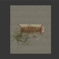 Small Tree With Green Leaves Next To Thatched Roof Cottage Model On Gray Gravel Ground