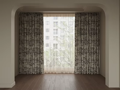 Dark And Light Patterned Curtains For Arched Window With Trees Buildings Outside Dark Wooden Floor 3d model