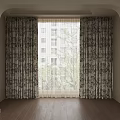 Dark And Light Patterned Curtains For Arched Window With Trees Buildings Outside Dark Wooden Floor