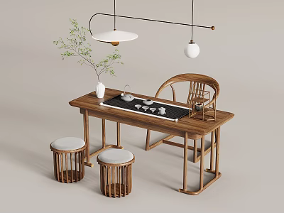Elegant Wooden Tea Table and Chairs with Tea Set Plant in Vase and Hanging Lamp 3d model