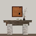 Wooden Console Table With Marble Pillars Vase Flower Branches Fruits And Abstract Orange Black Wall Art