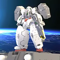 Detailed White And Gray Gundam Model With Red Accents Against Earth In Space