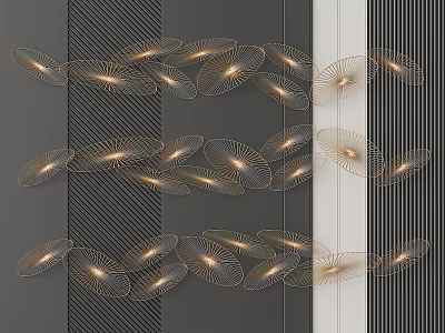 Modern Elegant Wall Decor With Metallic Leaf Shapes And LED Lights On Gray Striped Wall 3d model