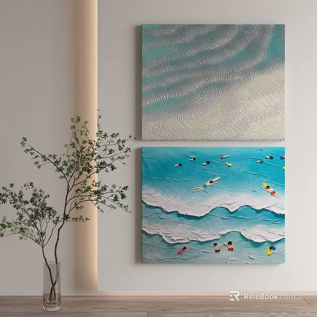 Textured Ocean Theme Wall Art With Wave Patterns Swimmers And Green Plant 3d model
