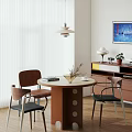 Modern Round Dining Table Set With Three Wooden Chairs Books Vase And Pendant Light