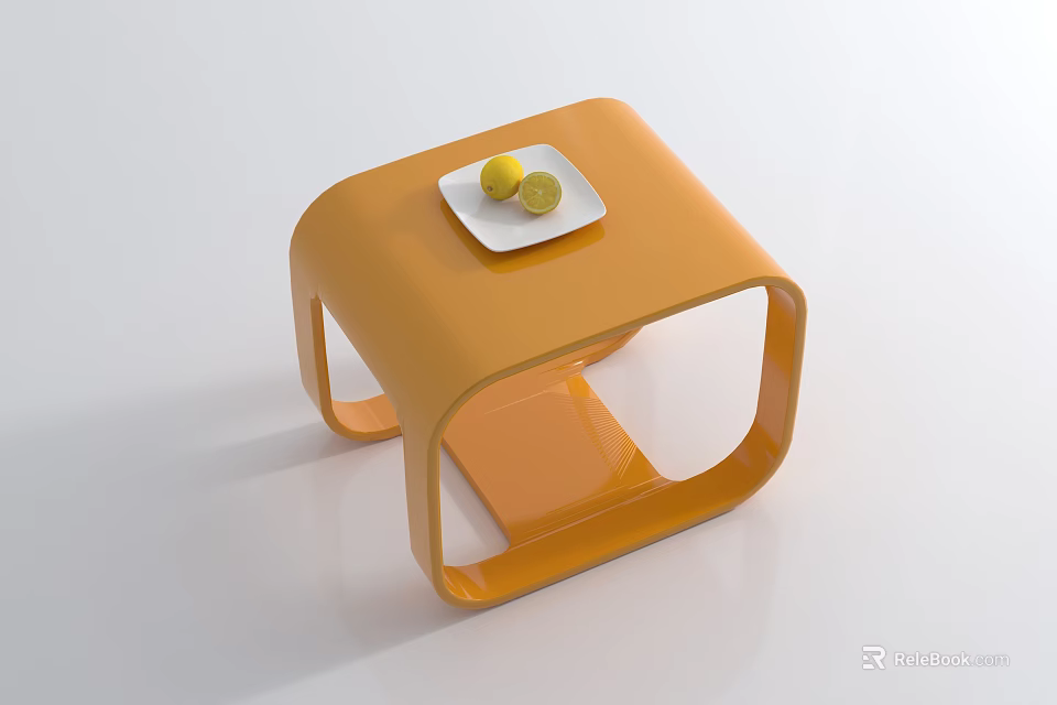 Modern Orange Coffee Table with White Plate Holding Fresh Lemons on White Surface 3d model 