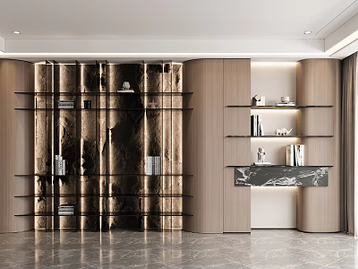 Modern Elegant Bookcase Design With Glass Shelves And Marble Decorative Items 3d model
