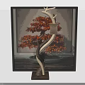 Bonsai Tree With Red Leaves Curved Trunk Deer Antler Ornament Black Frame And Wooden Base