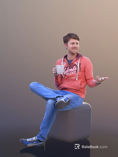 Man in Red Hoodie and Blue Jeans Holding White Cup Sitting Smiling and Gesturing 3d model 