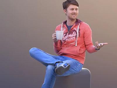 Man in Red Hoodie and Blue Jeans Holding White Cup Sitting Smiling and Gesturing 3d model