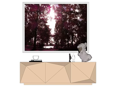 Geometric TV Stand With Forest Painting Sunlight Trees And Sculpture Figurines 3d model