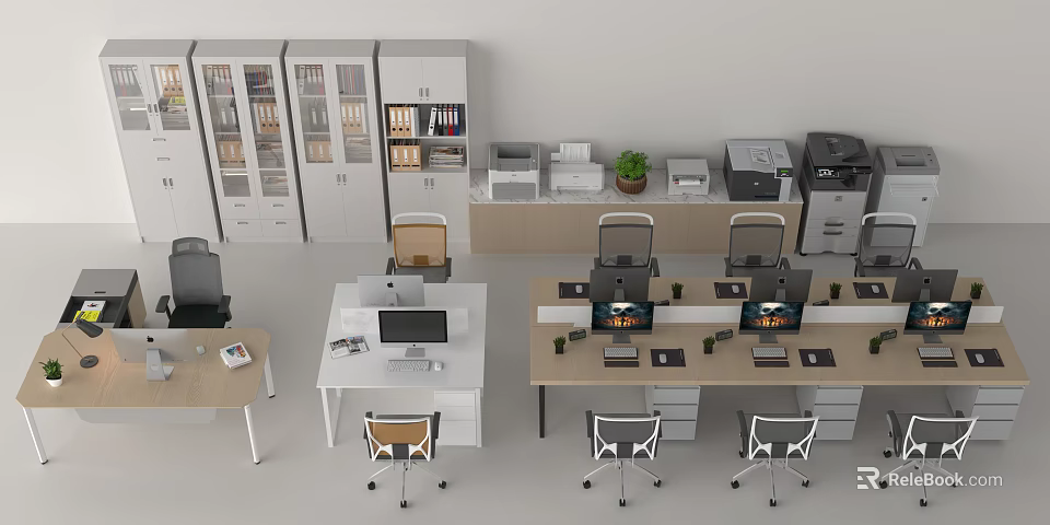 Modern Office Desk Setup With Filing Cabinets Printers Plants Computers And Chairs 3d model 