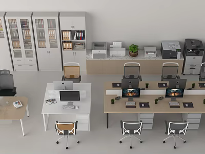 Modern Office Desk Setup With Filing Cabinets Printers Plants Computers And Chairs 3d model