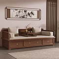 Wooden Luohan Bed in Chinese Style with Bamboo Painting and Screen Green Plant and Rug
