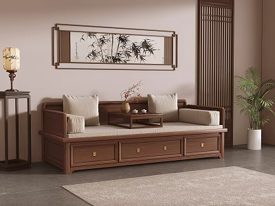 Wooden Luohan Bed in Chinese Style with Bamboo Painting and Screen Green Plant and Rug 3d model