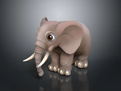 3D Model Cartoon Elephant Character with Big Eyes White Tusks Gray Body on Black Background 3d model