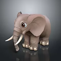 3D Model Cartoon Elephant Character with Big Eyes White Tusks Gray Body on Black Background