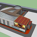Modern Commercial Complex With Curved Glass Facade Parking Lot And Multiple Cars