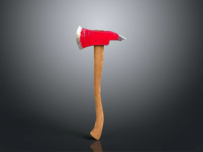 Durable Handheld Axe With Red Metal Head And Wooden Handle On Gray Background 3d model