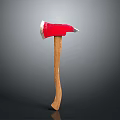 Durable Handheld Axe With Red Metal Head And Wooden Handle On Gray Background