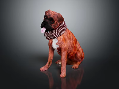 Boxer Dog Sitting With Brown And White Striped Scarf Tongue Out On Black Background 3d model