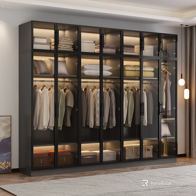 Sleek Modern Wardrobe With Glass Doors Hanging Clothes Folded Storage And LED Lighting 3d model 