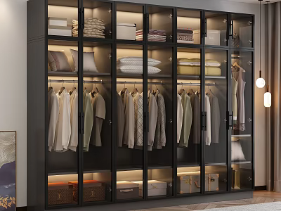 Sleek Modern Wardrobe With Glass Doors Hanging Clothes Folded Storage And LED Lighting 3d model