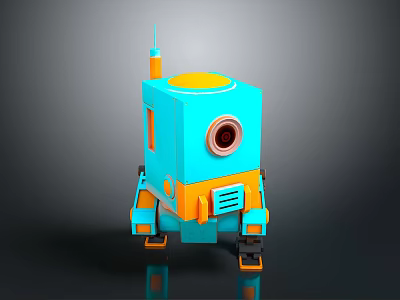 Turquoise And Orange Robot With Camera Lens Antenna And Mechanical Legs 3d model